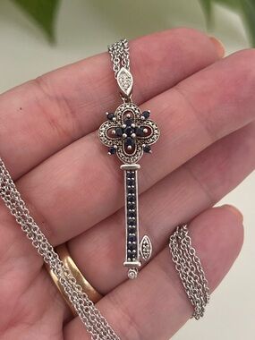 Natural Blue Sapphire & Diamond Key Pendant Necklace in Sterling Silver